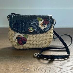 Brighton Enameled Straw Black Leather Adjustable Strap Bag Lady Bug Flower EUC